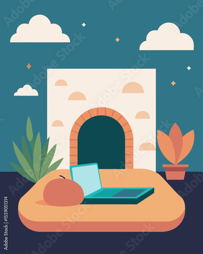 Resting on a plush meditation pillow the laptop blends seamlessly into the zeninspired courtyard.. Vector illustration