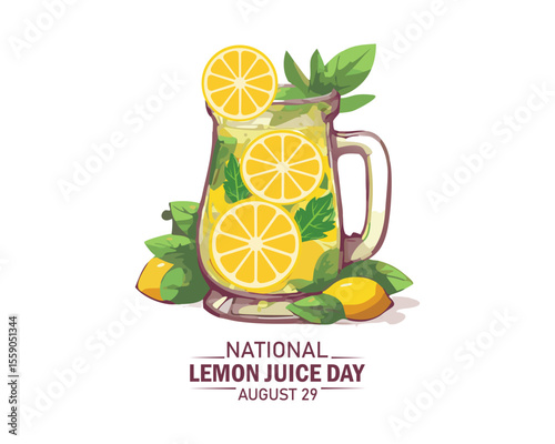 National Lemon Juice Day vector illustration. Glass of lemonade with lemons and mint leaf icon. Glass with fresh ice summer drink vector. August 29 every year.