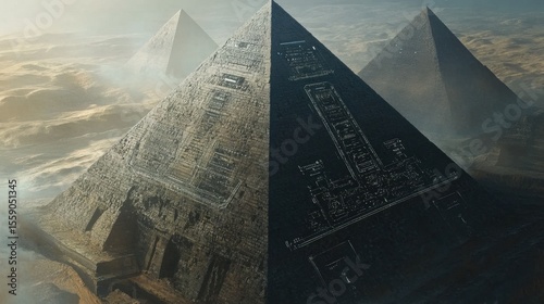 Pyramids of Contrasts: A striking view of ancient pyramids split down the middle, showcasing the interplay of light and shadow. The detail reveals the grandeur of these structures.