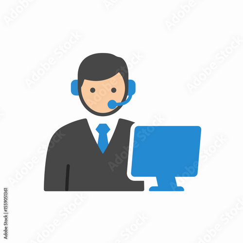 System administrator day icon.  Professional IT support person wearing headset and working on computer.  System administrator provides technical assistance and computer help.