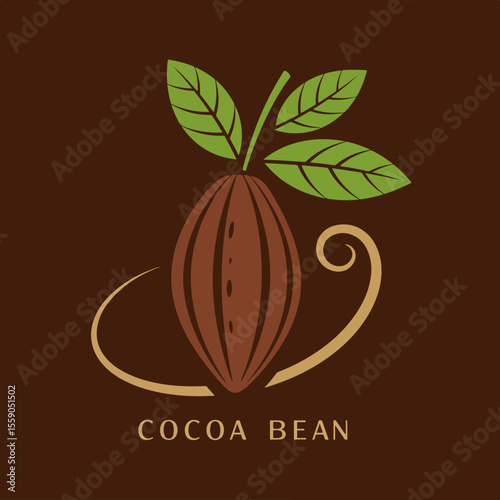 Delicious cocoa bean with leaves and swirl design. Cocoa bean illustration perfect for World Chocolate Day celebrations.  Elegant cocoa bean graphic for chocolate packaging, labels,