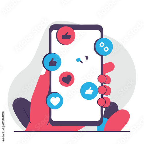 Hand holding smartphone with social media icons and likes