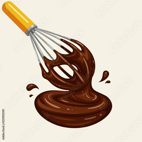 Delicious melted chocolate swirls with whisk. Rich dark chocolate dessert preparation, perfect for World Chocolate Day celebrations. Indulgent chocolate texture for culinary blogs and dessert recipes,