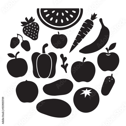 Fruit and Vegetable Silhouette Art black silhouette vector style on a white background.