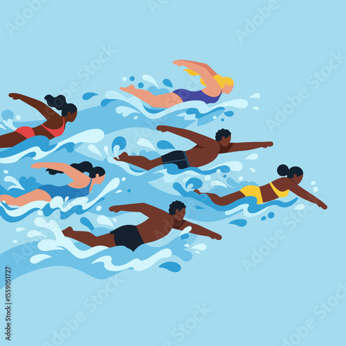 Diverse group of people swimming in ocean waves. Water safety illustration for World Drowning Prevention Day.