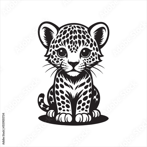 Cute baby leopard vector illustration black and white animal drawing for kids design print silhouette