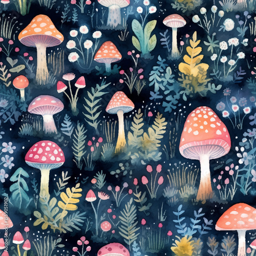 Enchanting watercolor seamless pattern featuring whimsical mushrooms in various shapes and sizes, nestled among vibrant leafy trees. Vector art touch of magic to packaging, invitations, fabric