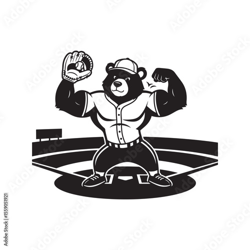 Baseball Bear Vector Silhouette on Field Holding Glove and Flexing