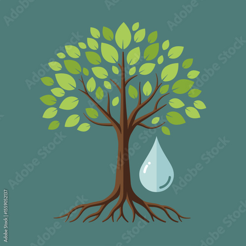 Green tree with water drop. Nature conservation symbol for World Nature Conservation Day.  Eco-friendly illustration for environmental awareness campaign.
