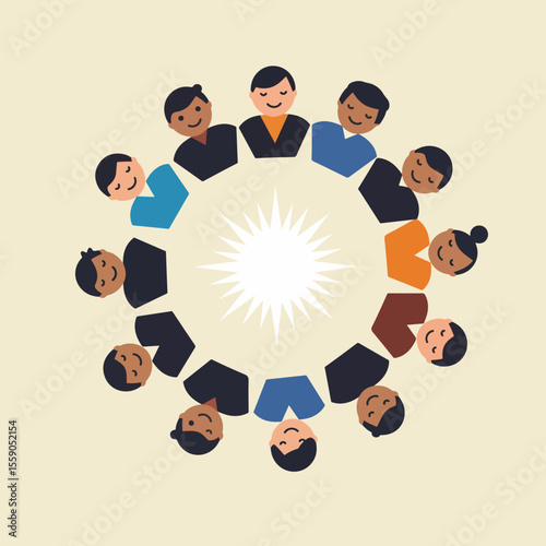Global community diverse people in circle. World population day concept image showing unity and diversity.