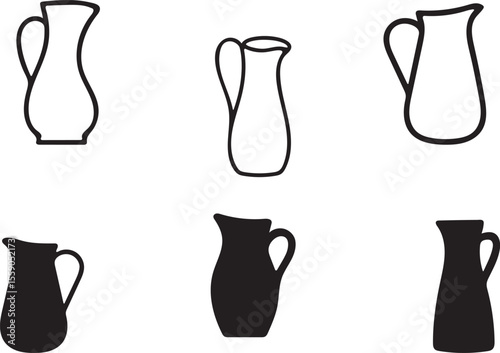 Collection of six diverse jug and pitcher outlines and solid silhouettes