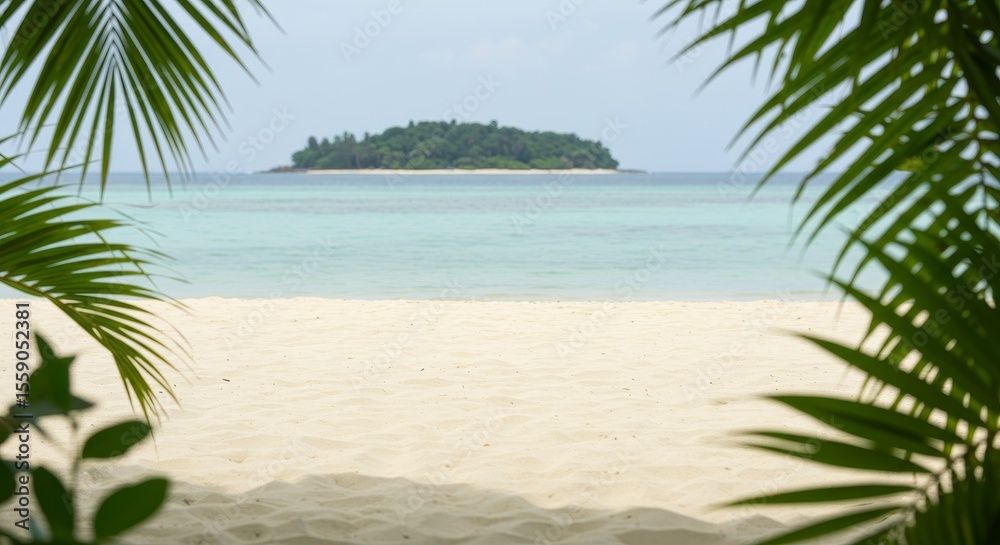 Fototapeta premium Relaxing on Tropical Beach with Island View Through Palm Trees