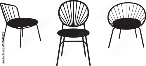 Three modern minimalist chairs in different angles silhouette