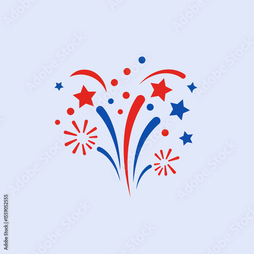 Festive fireworks display, red and blue starburst for Bastille Day celebration. Patriotism theme with vibrant colors and celebratory design. Perfect for Fourth of July, Independence Day,