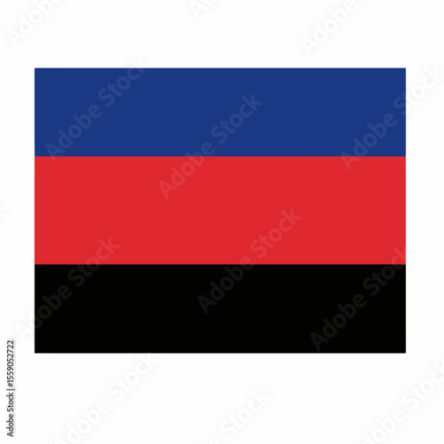 Flag of Donetsk People's Republic featuring a horizontal tricolor: black, red, and blue. Depicts flag of Donetsk People's Republic with equal stripes, waving as a symbol of identity, resistance,