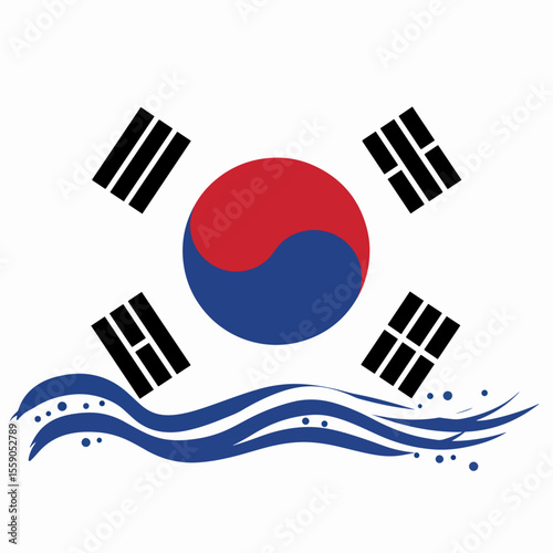 South Korea flag design with stylized waves.  Patriotic South Korean flag graphic featuring national colors and flowing water design.