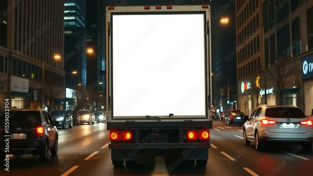 A blank delivery truck parked on a city street at night. The truck has a large white space for advertisements. City buildings and streetlights are visible in the background. A blank delivery truck parked on a city street at night. The truck has a large white space for advertisements. City buildings and streetlights are visible in the background.