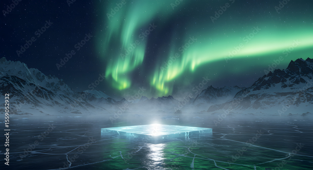 Naklejka premium Mystical Aurora Borealis Illuminating Frozen Lake and Ice Platform