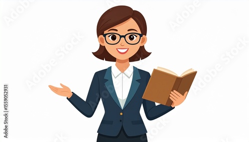 Cartoon illustration of a smiling woman holding an open book, wearing glasses and a blazer.