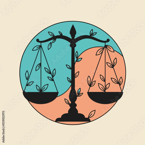 Law symbol shows scales of justice on a blue and orange circle. Scales of justice include growing leaves in each plate, displaying balance and nature.