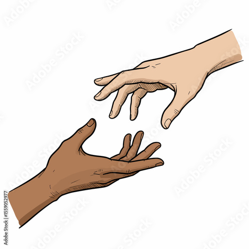 Reaching hands in illustration style conveys connection. Two reaching hands, one with a light skin tone and one with a dark skin tone, extend toward each other, symbolizing unity and support.