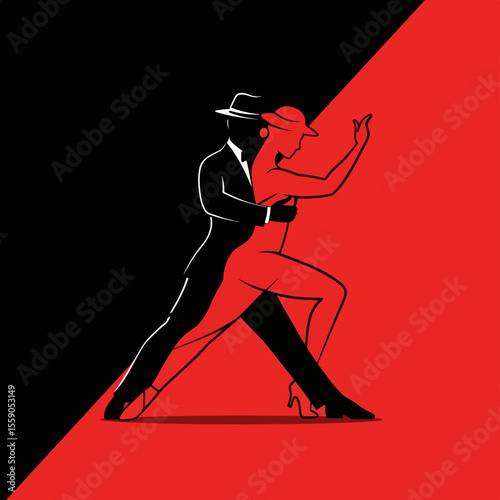 Independence Day in Argentina tango dance silhouette on diagonally divided background with black and red. Independence Day in Argentina is celebrated with passion and pride,