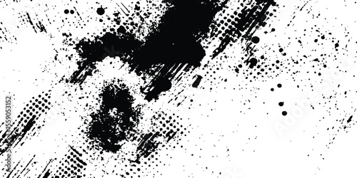 Abstract halftone background featuring a mix of black and white halftone dots and brush strokes. Vector black ink splatter brush stroke on diagonal halftone background.