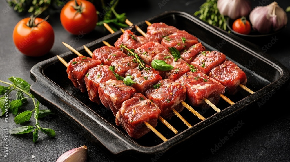 Appetizing raw beef shish kebab skewers, arranged on a dark tray alongside fresh tomatoes, garlic, and herbs, showcasing a delectable culinary preparation for grilling. Appetizing raw beef shish kebab skewers, arranged on a dark tray alongside fresh tomatoes, garlic, and herbs, showcasing a delectable culinary preparation for grilling.