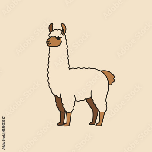 Adorable llama stands sideways in neutral studio setting. Sweet llama with fluffy white fur and brown markings showcases its whimsical design.