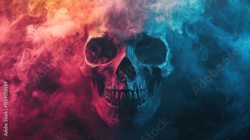 Mystical skull enveloped in colored smoke creates a dramatic visual, perfect for themes of mystery, mortality, or the supernatural and its spectral presence.
