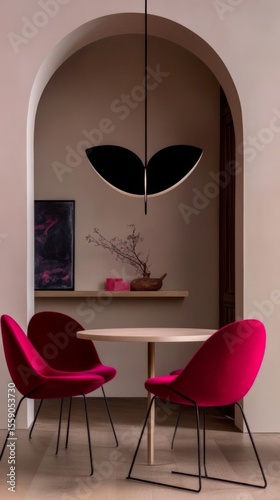 Elegant modern dining area with red chairs and minimalist pendant light