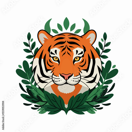 Celebrating International Tiger Day with a bright cartoon illustration of tiger face in a green leafy frame, celebrating International Tiger Day. Detailed portrait on International Tiger Day,