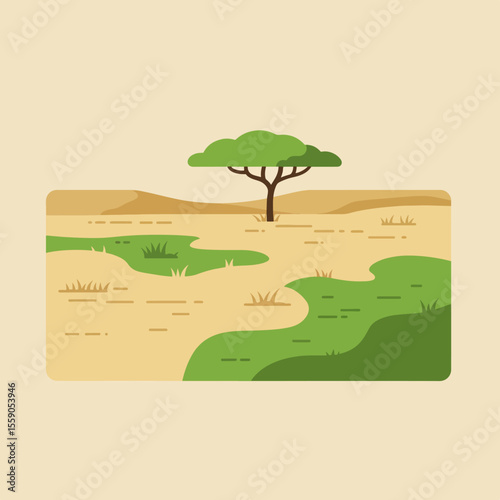 International Tiger Day with savannah scene and solitary tree on beige background. International Tiger Day, a day dedicated to wildlife conservation, includes a flat illustration with arid landscape.