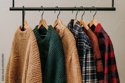 Cozy sweaters and plaid shirts on hangers in neutral wardrobe display
