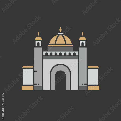National Day of Belgium illustrated with cathedral architecture on dark background, depicting National Day of Belgium. Belgian flag colors are used as trim on iconic architecture.