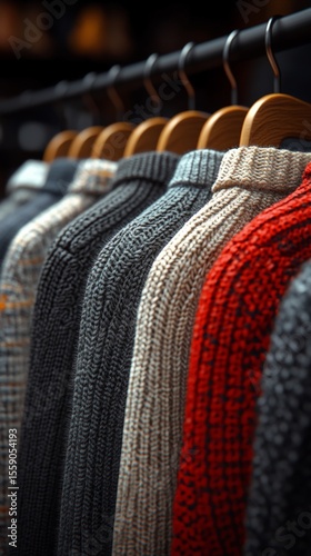 Row of cozy woolen sweaters on hangers in fashion boutique display