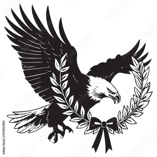 Majestic bald eagle with wings spread wide holding a laurel wreath with a bow