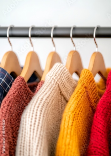 Cozy knitted sweaters in various colors on wooden hangers in a closet