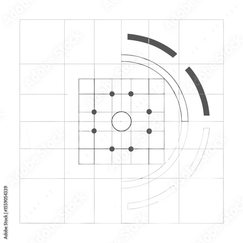 Geometric abstract composition featuring points grid arcs and minimalist artistic style