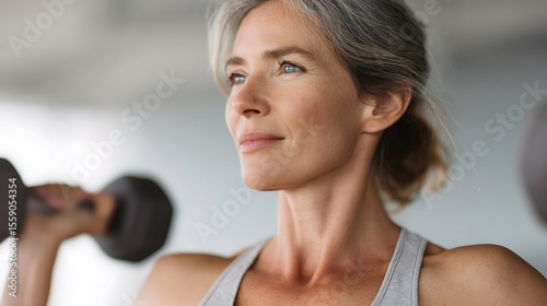 A middle aged woman lifts dumbbells in gym, portrait close up