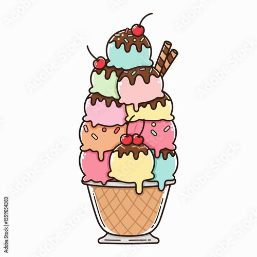 Celebrating National Ice Cream Day, showcasing vibrant ice cream scoops piled high, a sweet treat. National Ice Cream Day celebrates summer desserts with chocolate sauce and waffle cone.