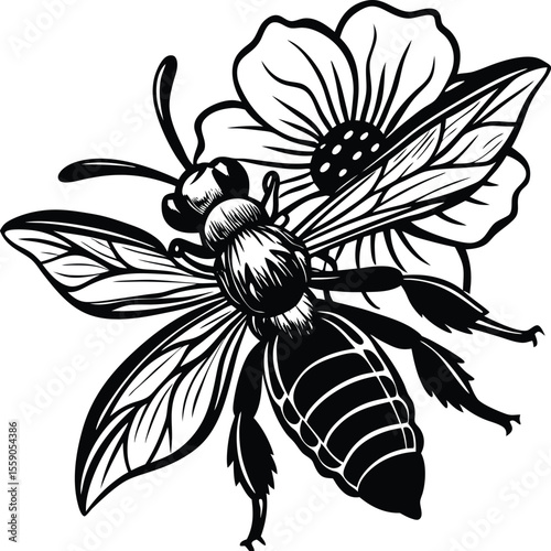 Realistic honey bee collecting nectar from flower vector with detailed wings and transparent background, smooth and clean design