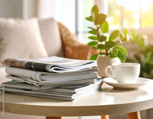 Stack of Magazines Coffee Cup and Plant on a Table in Sunny Room