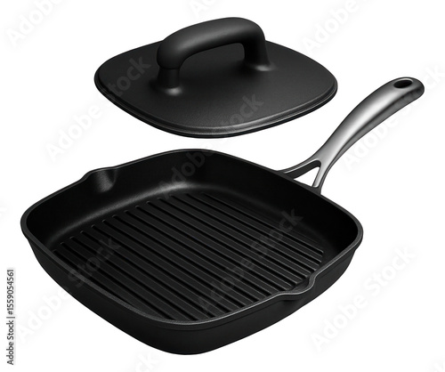 A grill pan with a detachable press top for evenly cooking paninis and sandwiches in a small home kitchen.