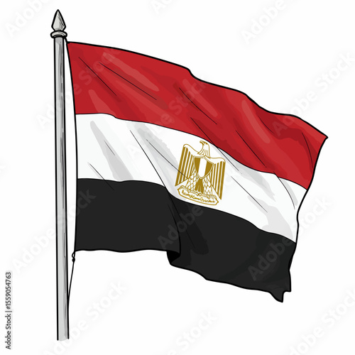 Revolution Day in Egypt featuring waving egyptian flag on flagpole. The Revolution Day in Egypt shows pride and patriotism in national colors, red, white, and black. Celebrate Revolution Day in Egypt,