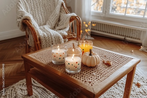 Cozy autumn living room decor with candles, knitted blanket, and mini pumpkin