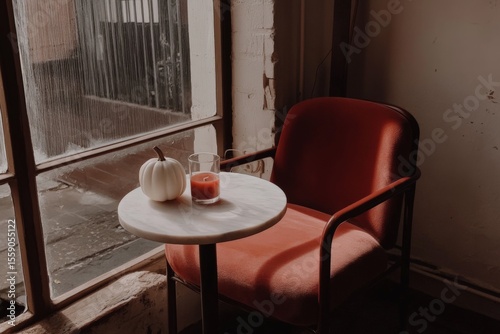 Cozy corner with red chair and table featuring pumpkin and candle by window