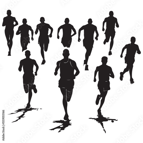 Multiple black silhouette runners in motion with dramatic shadows on a white background