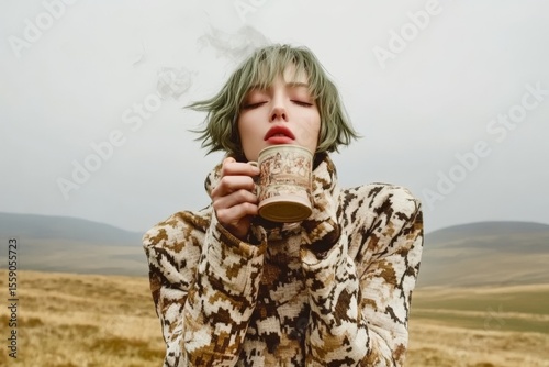 Asian young woman enjoying hot beverage in scenic landscape with cozy sweater