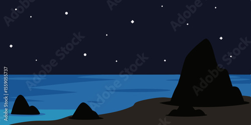 Moon and stars illuminate a serene night landscape with mountains